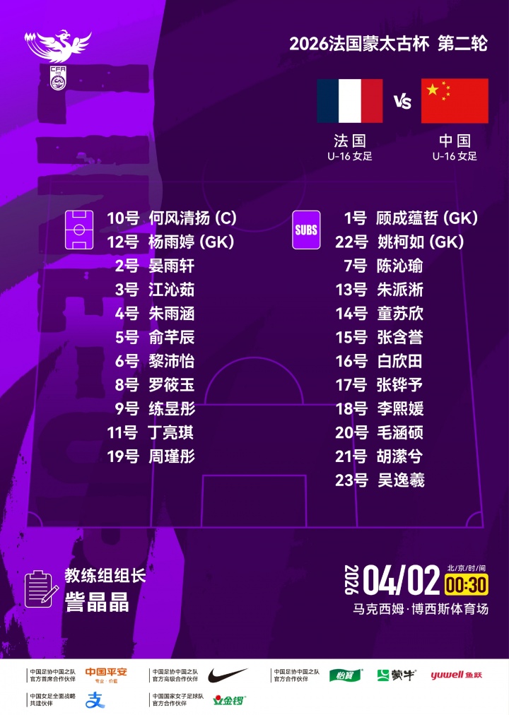 b体育下载-中国U-16女足对阵法国U-16女足，中国队首发名单出炉！